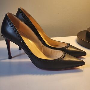 Authentic Christian Louboutin Anjalina  Spiked Studded Black Heels Pumps 37